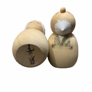 Japanese Kokeshi Doll Grandpa Grandma Wooden Hand Painted Signed